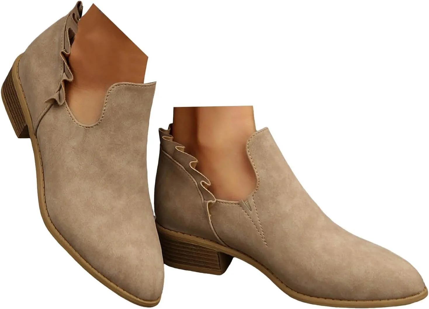 Cathalem Ankle Boots for Women Casual Fall Cutout Booties Ankle Heels Low Stacked Ruffle Slip On Dress Short Boots Shoes