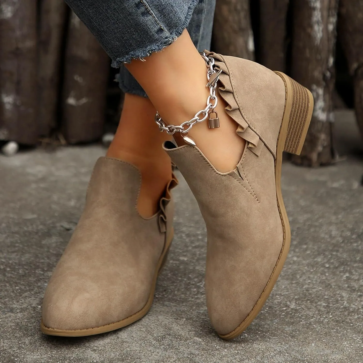 Cathalem Ankle Boots for Women Casual Fall Cutout Booties Ankle Heels Low Stacked Ruffle Slip On Dress Short Boots Shoes
