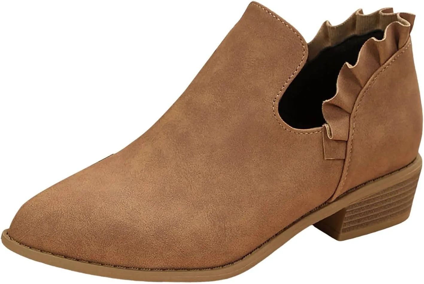 Cathalem Ankle Boots for Women Casual Fall Cutout Booties Ankle Heels Low Stacked Ruffle Slip On Dress Short Boots Shoes