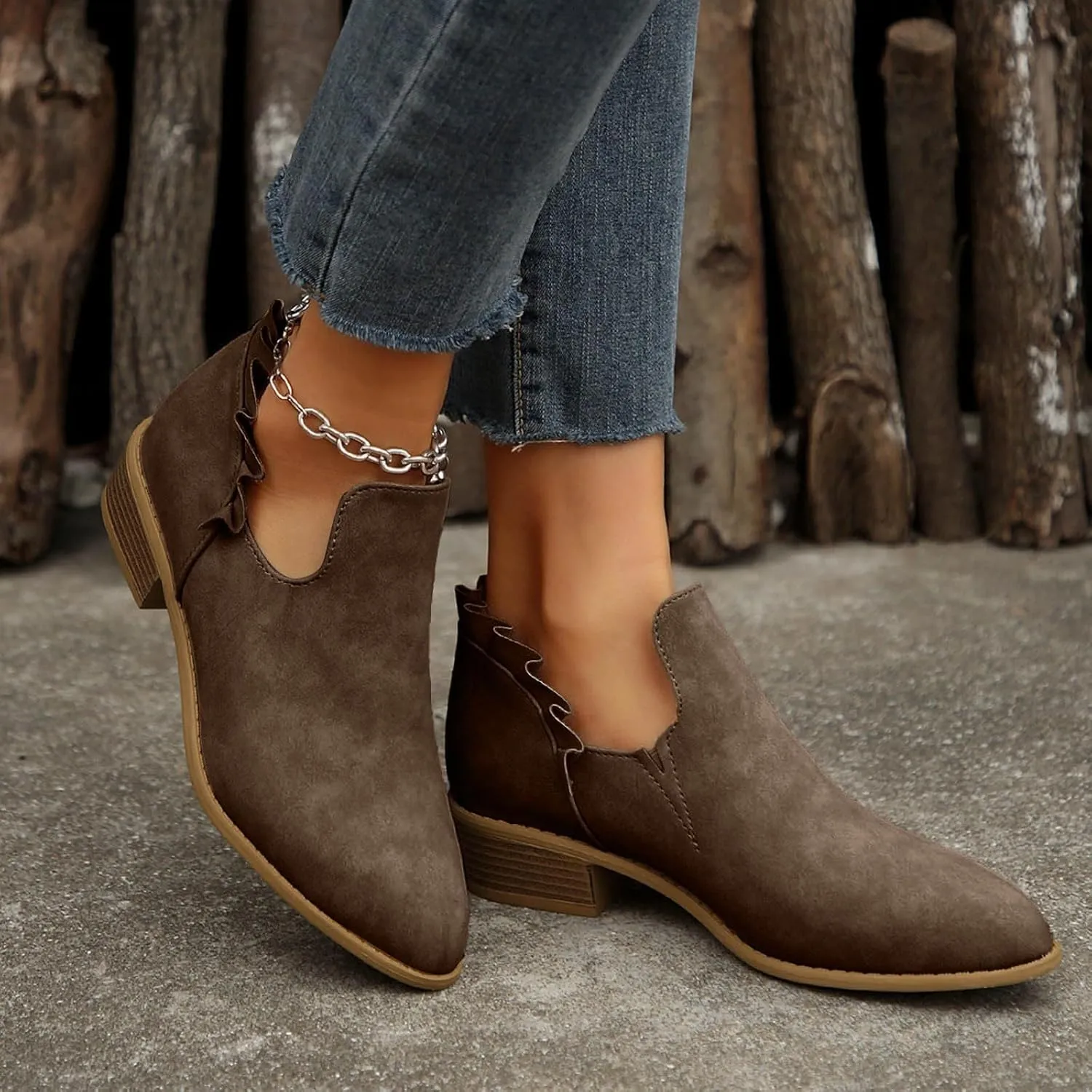 Cathalem Ankle Boots for Women Casual Fall Cutout Booties Ankle Heels Low Stacked Ruffle Slip On Dress Short Boots Shoes