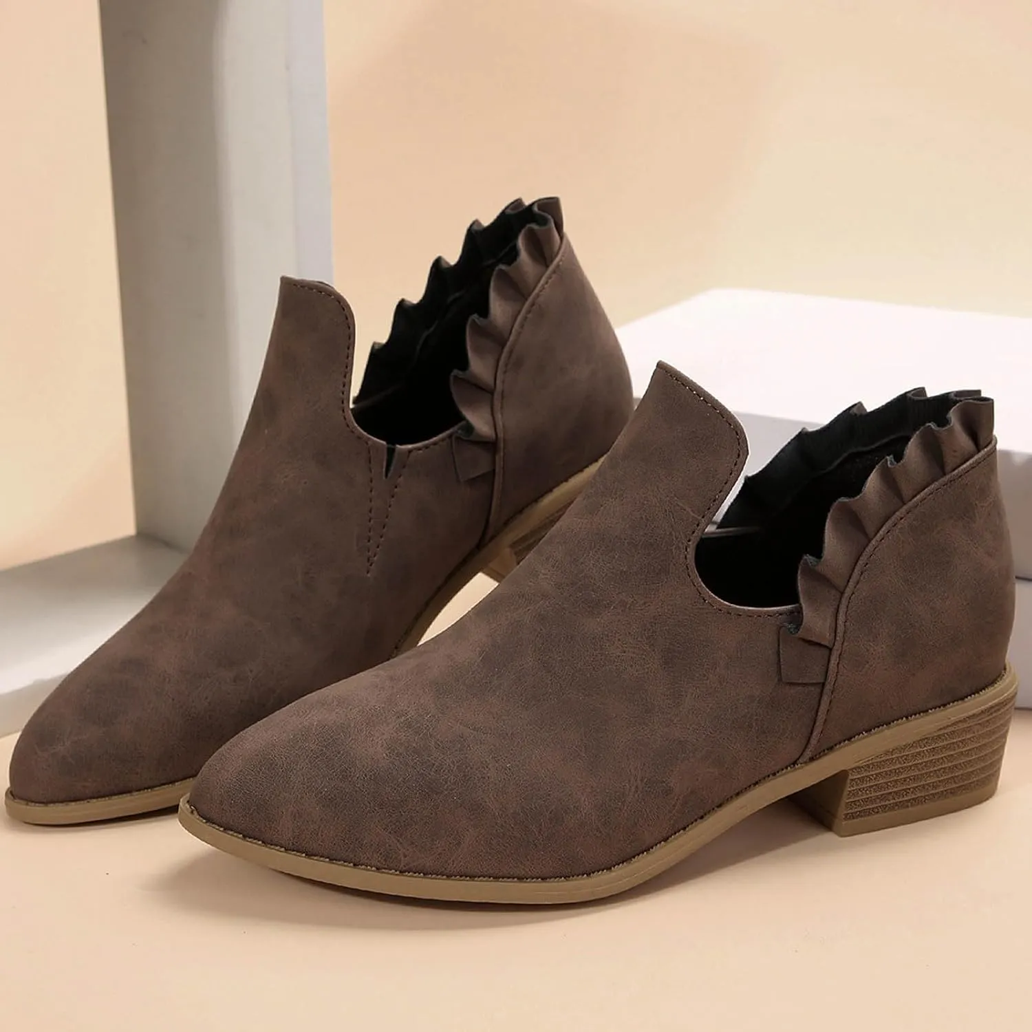 Cathalem Ankle Boots for Women Casual Fall Cutout Booties Ankle Heels Low Stacked Ruffle Slip On Dress Short Boots Shoes