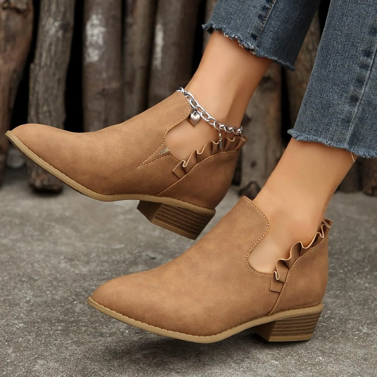 Cathalem Ankle Boots for Women Casual Fall Cutout Booties Ankle Heels Low Stacked Ruffle Slip On Dress Short Boots Shoes