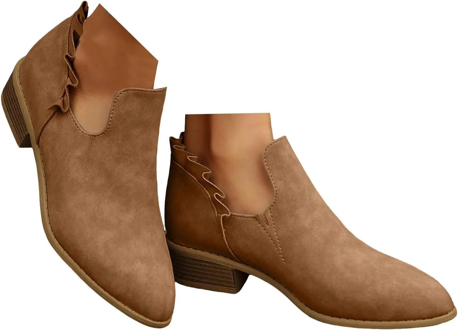 Cathalem Ankle Boots for Women Casual Fall Cutout Booties Ankle Heels Low Stacked Ruffle Slip On Dress Short Boots Shoes