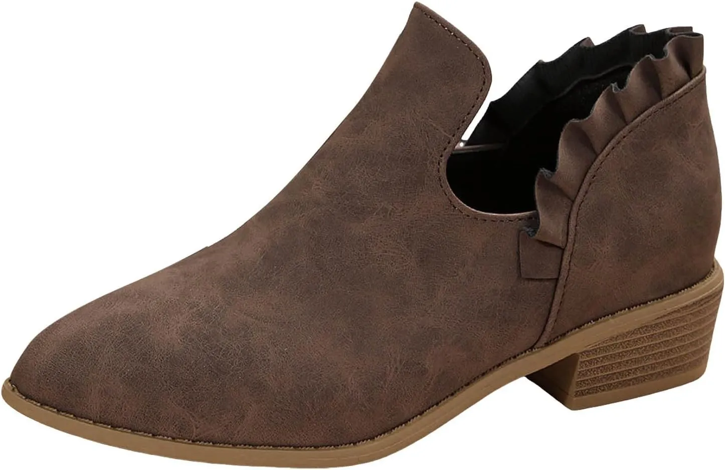 Cathalem Ankle Boots for Women Casual Fall Cutout Booties Ankle Heels Low Stacked Ruffle Slip On Dress Short Boots Shoes