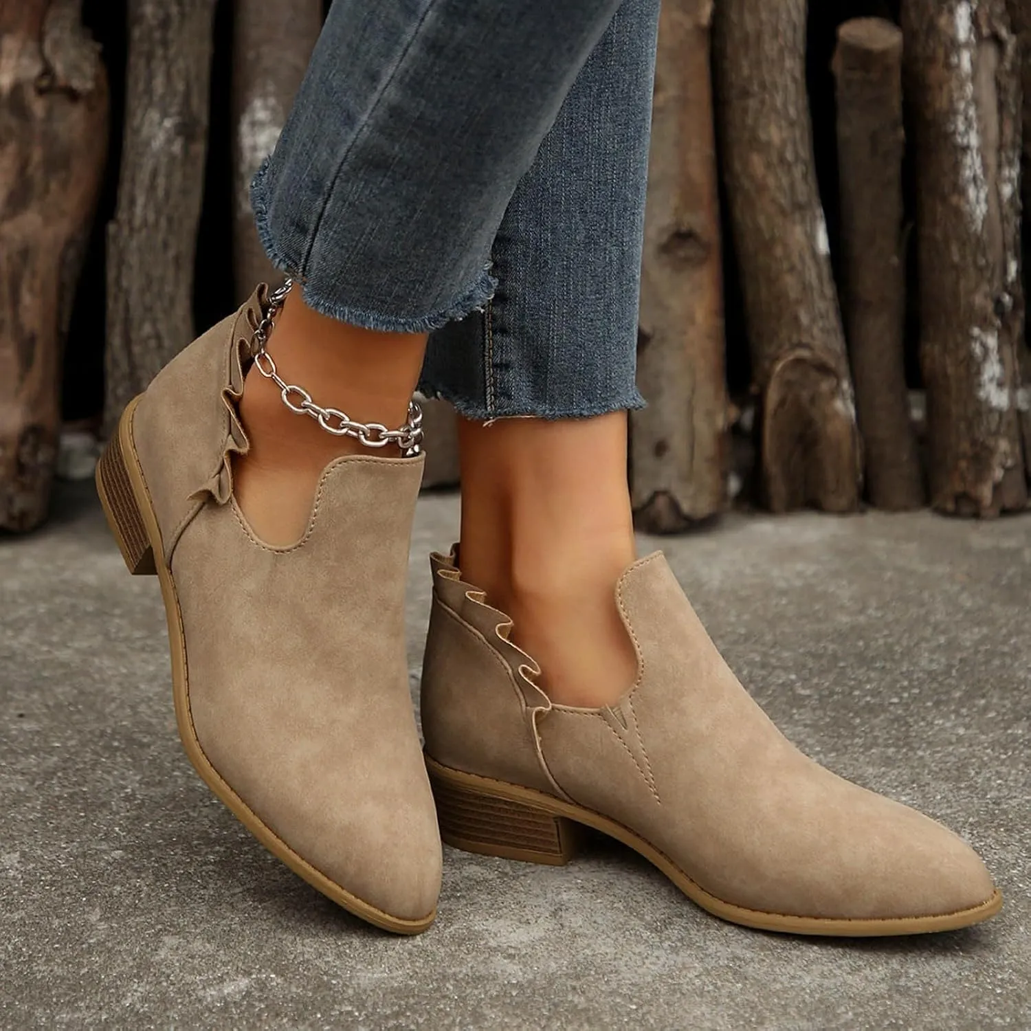 Cathalem Ankle Boots for Women Casual Fall Cutout Booties Ankle Heels Low Stacked Ruffle Slip On Dress Short Boots Shoes