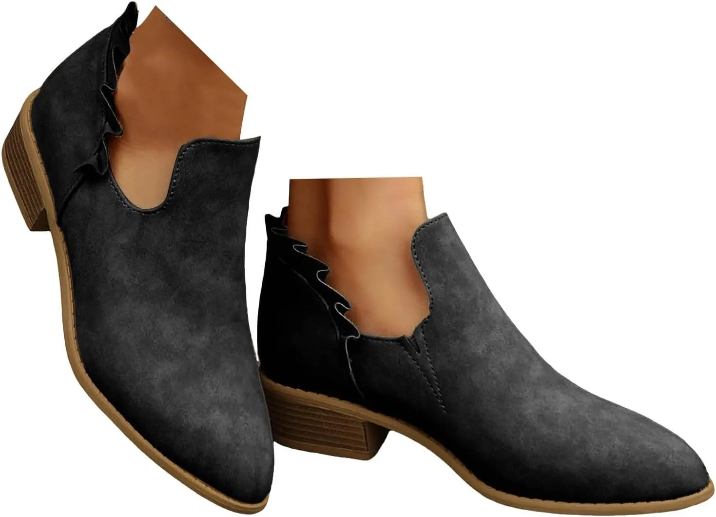 Cathalem Ankle Boots for Women Casual Fall Cutout Booties Ankle Heels Low Stacked Ruffle Slip On Dress Short Boots Shoes