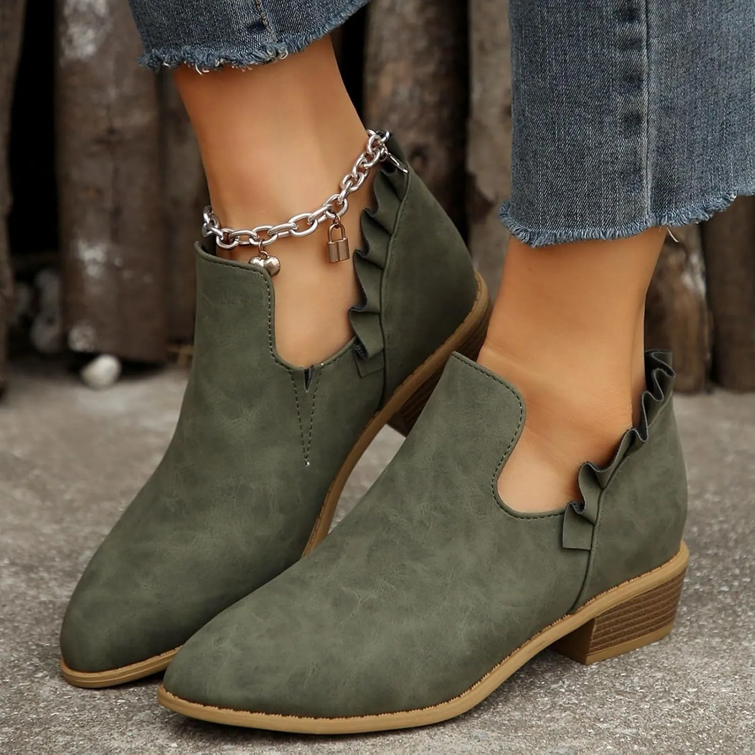 Cathalem Ankle Boots for Women Casual Fall Cutout Booties Ankle Heels Low Stacked Ruffle Slip On Dress Short Boots Shoes