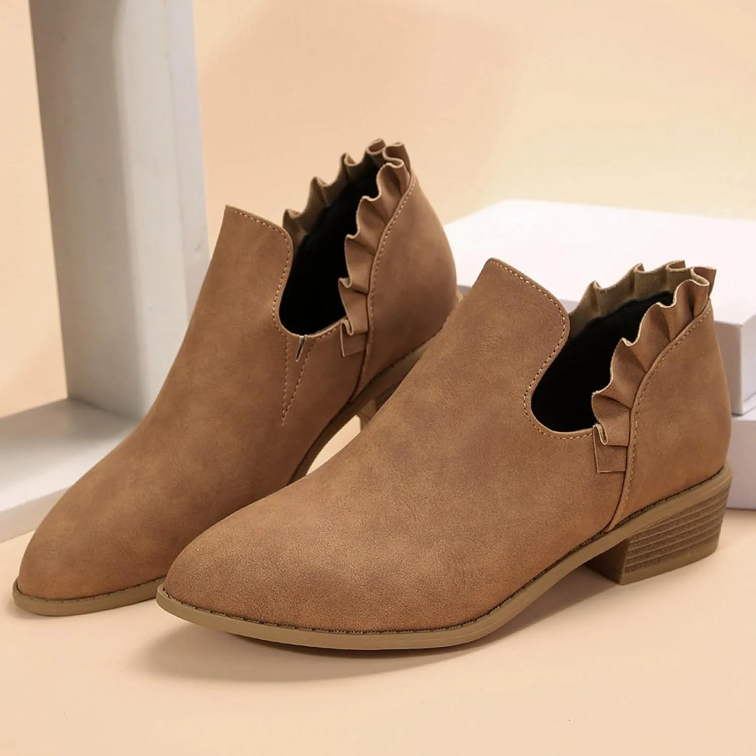 Cathalem Ankle Boots for Women Casual Fall Cutout Booties Ankle Heels Low Stacked Ruffle Slip On Dress Short Boots Shoes