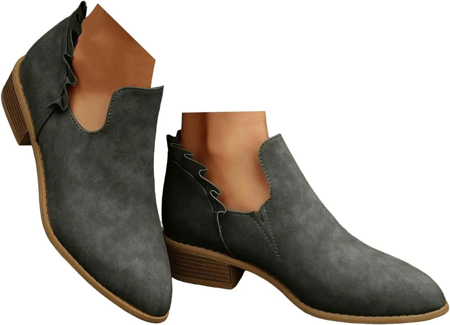 Cathalem Ankle Boots for Women Casual Fall Cutout Booties Ankle Heels Low Stacked Ruffle Slip On Dress Short Boots Shoes
