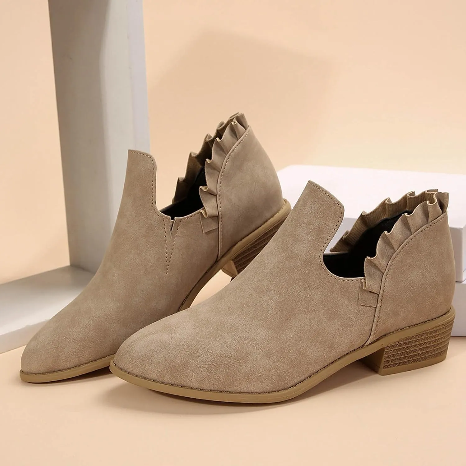 Cathalem Ankle Boots for Women Casual Fall Cutout Booties Ankle Heels Low Stacked Ruffle Slip On Dress Short Boots Shoes