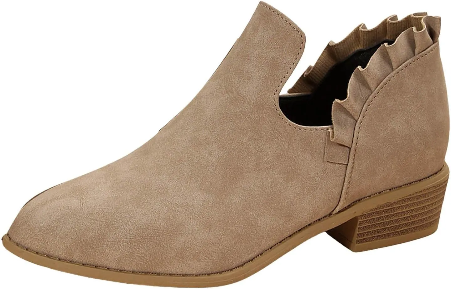 Cathalem Ankle Boots for Women Casual Fall Cutout Booties Ankle Heels Low Stacked Ruffle Slip On Dress Short Boots Shoes