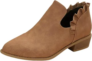 Cathalem Ankle Boots for Women Casual Fall Cutout Booties Ankle Heels Low Stacked Ruffle Slip On Dress Short Boots Shoes