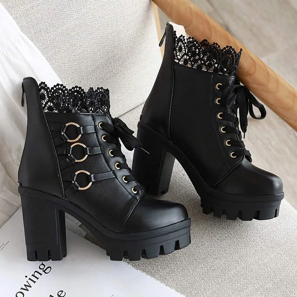 Cathalem Ankle Boots for Women Lace Up Chunky High Heels Ankle Boots Lace Buckle Gothic Booties Zipper Punk Shoes