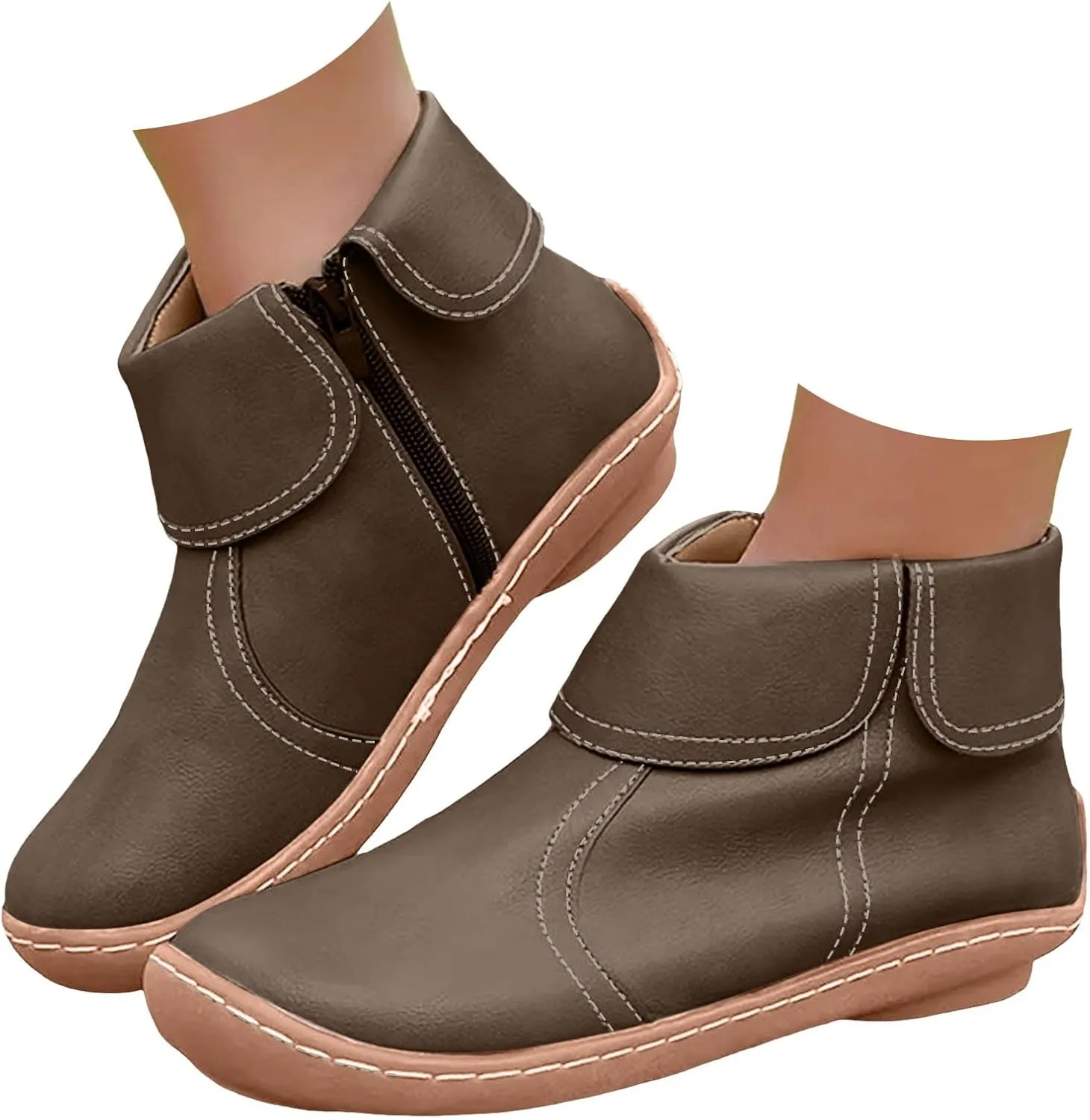 Cathalem Ankle Boots for Women No Heel Arch Support Booties Side Zip-up Vintage Leather Damping Shoes Flat Heel Booties