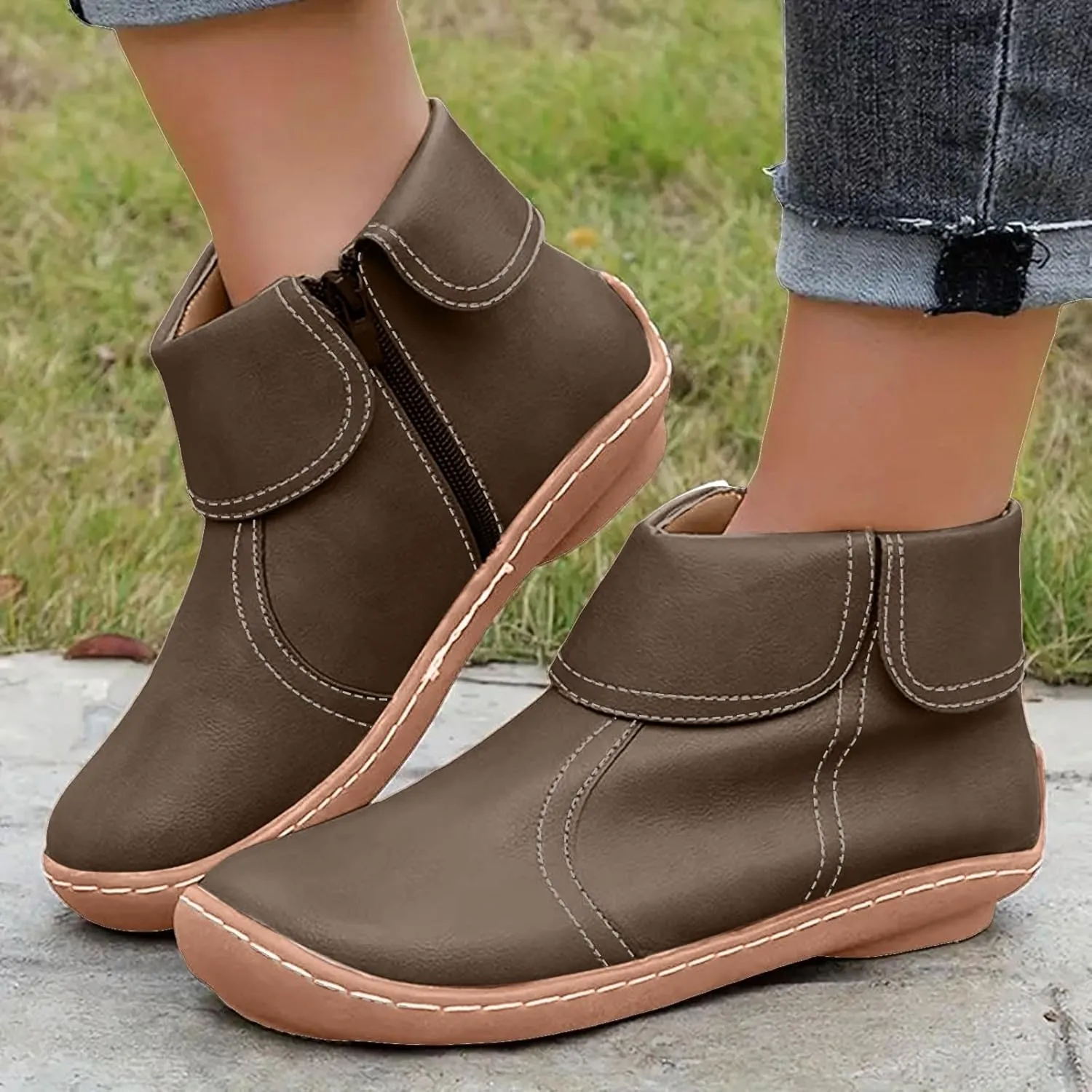 Cathalem Ankle Boots for Women No Heel Arch Support Booties Side Zip-up Vintage Leather Damping Shoes Flat Heel Booties