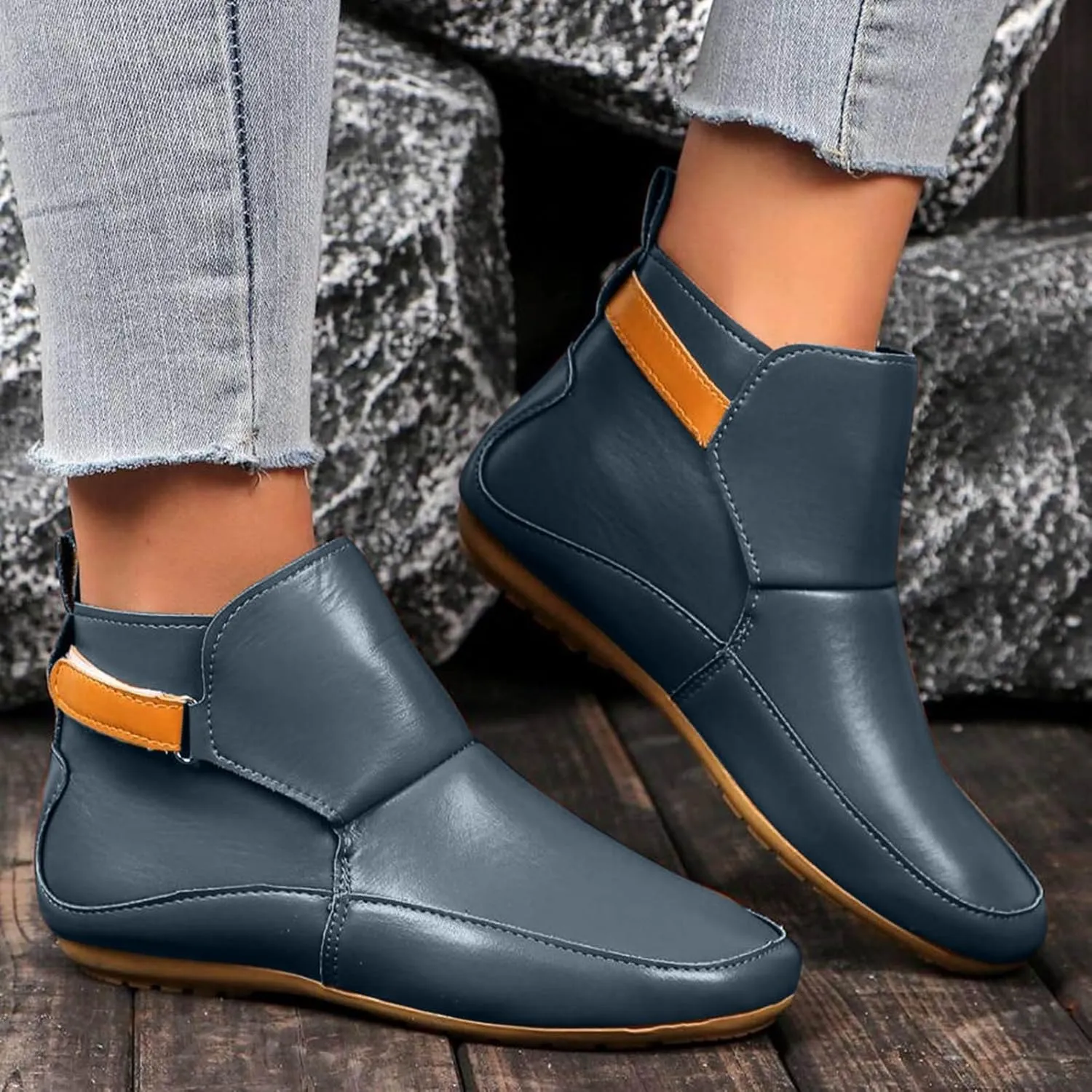 Cathalem Ankle Boots for Women No Heel,Arch Support Booties Side Zip-up Vintage Leather Damping Shoes Flat Heel Booties