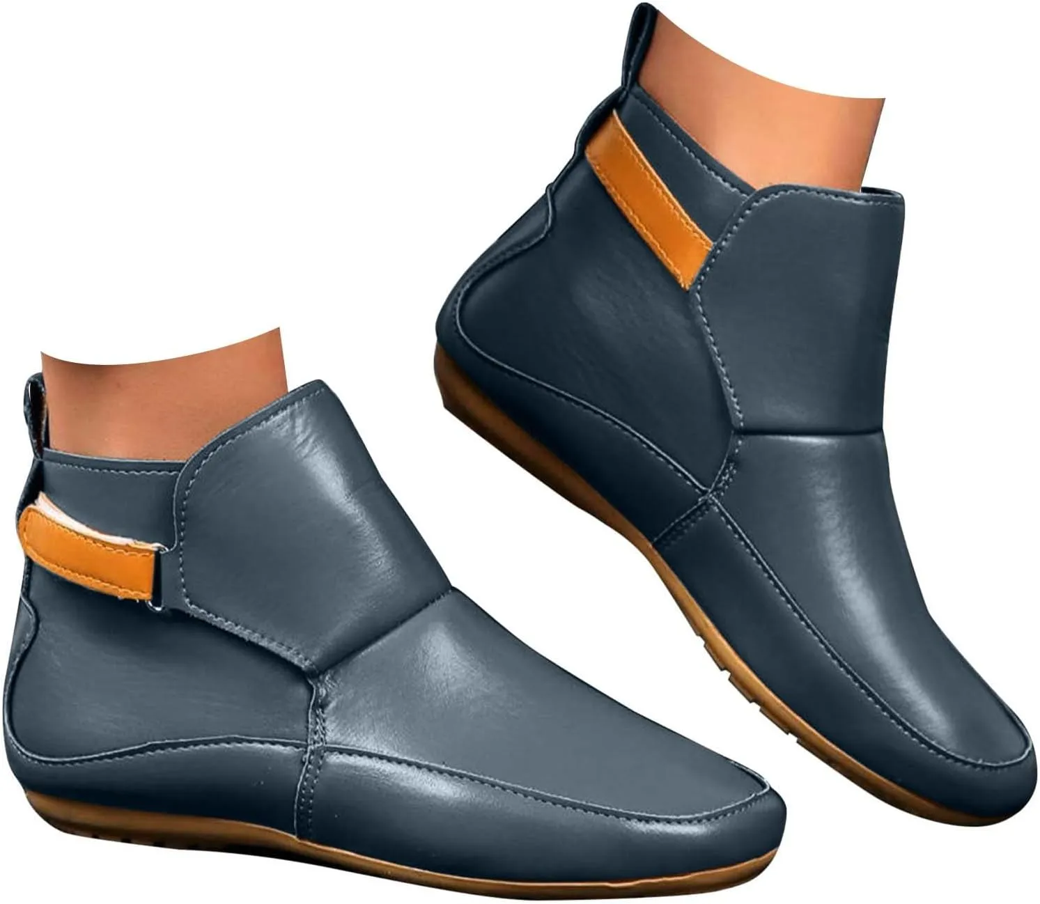 Cathalem Ankle Boots for Women No Heel,Arch Support Booties Side Zip-up Vintage Leather Damping Shoes Flat Heel Booties