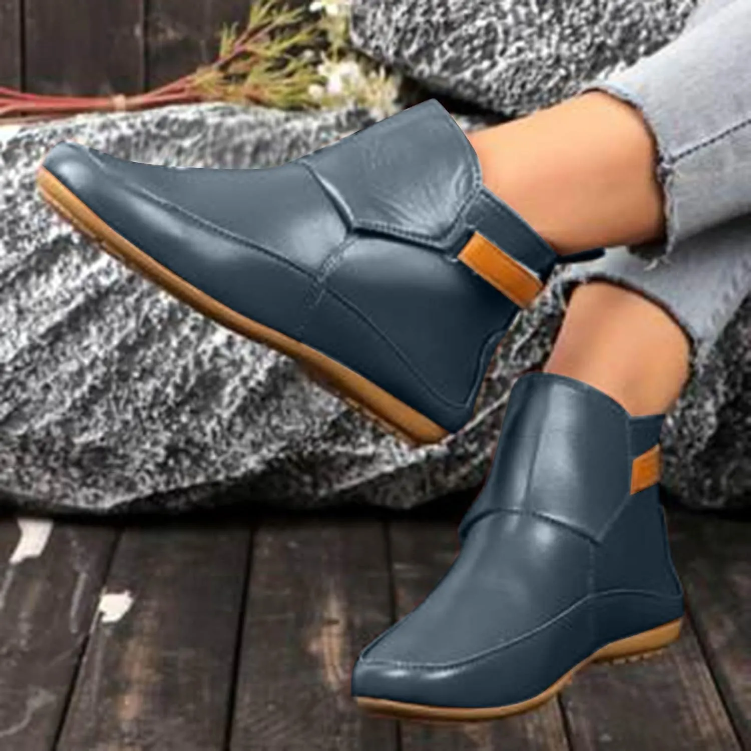 Cathalem Ankle Boots for Women No Heel,Arch Support Booties Side Zip-up Vintage Leather Damping Shoes Flat Heel Booties