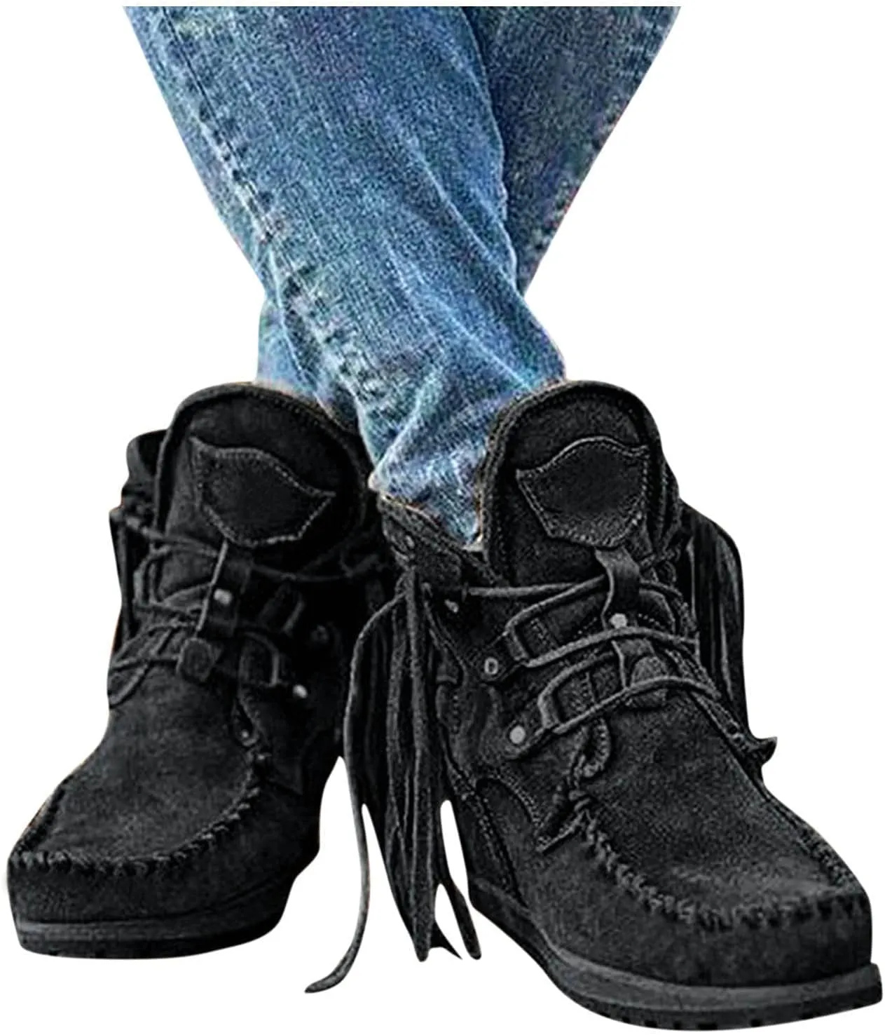 Cathalem Ankle Boots for Women, Womens Retro Cowboy Boots Closed Toe Low Heel Combat Western Shoes Fringed Ankle Boots