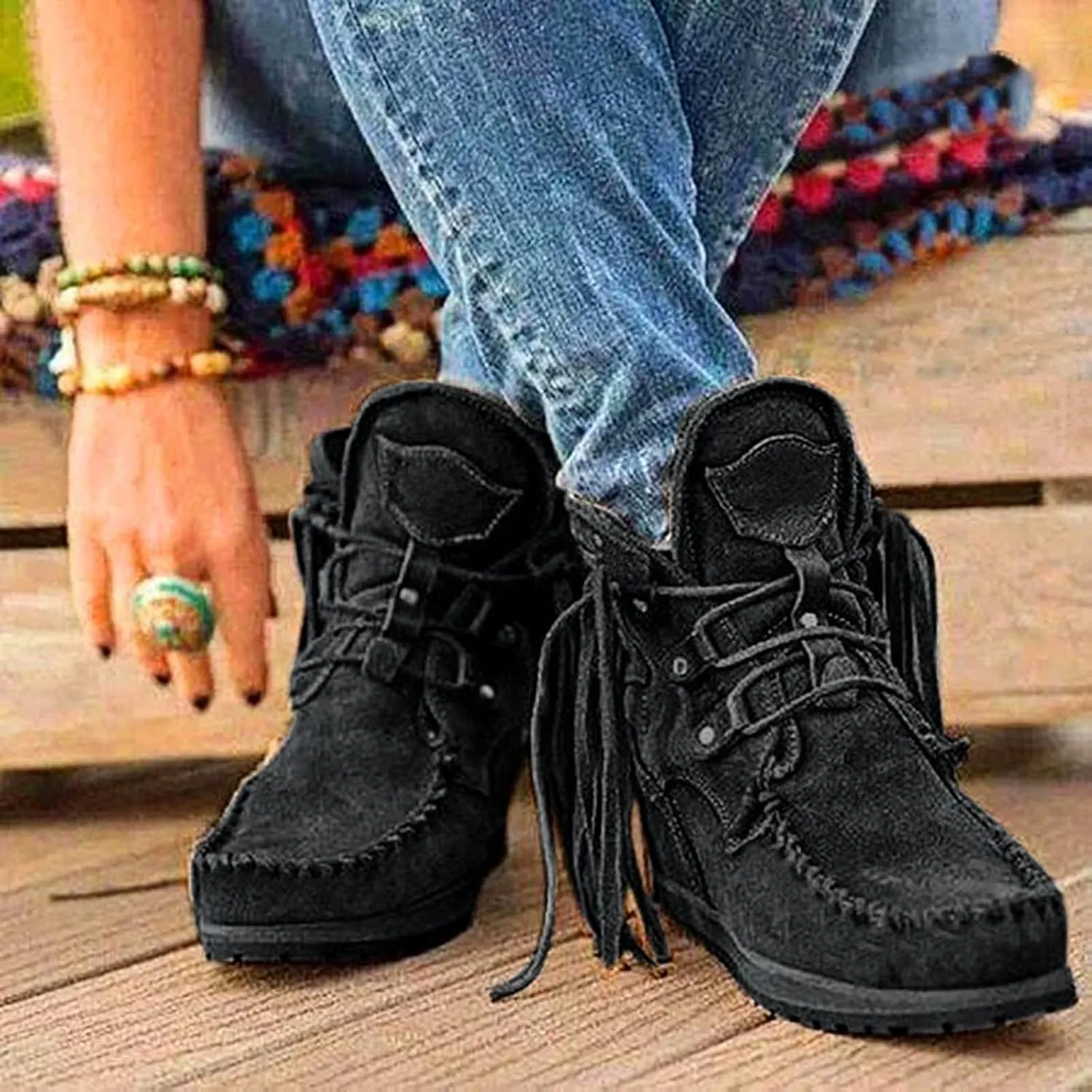 Cathalem Ankle Boots for Women, Womens Retro Cowboy Boots Closed Toe Low Heel Combat Western Shoes Fringed Ankle Boots