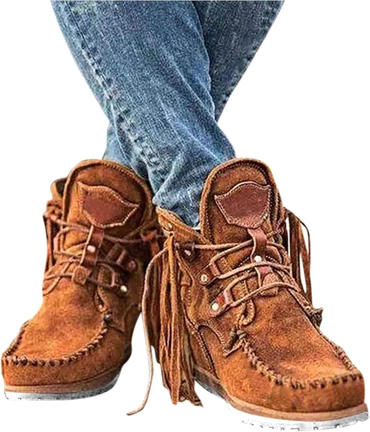 Cathalem Ankle Boots for Women, Womens Retro Cowboy Boots Closed Toe Low Heel Combat Western Shoes Fringed Ankle Boots