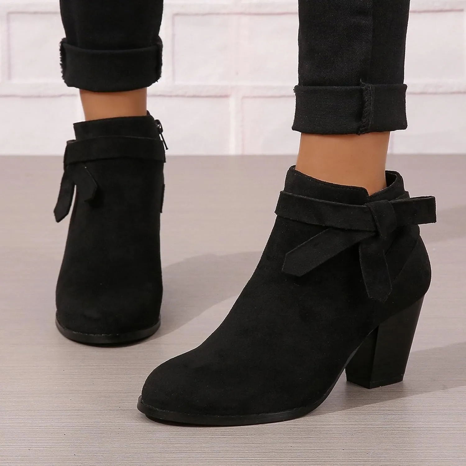 Cathalem Ankle Boots for Women, Women's Tie Knot Chelsea Pump Ankle Boots Closed Toe Stacked Heel Booties Shoes