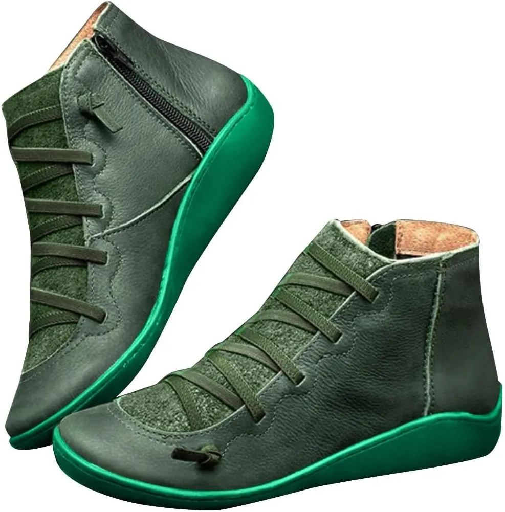 Cathalem Ankle Boots for Women,2024 New Flat Heel Booties Arch Support Booties Side Zip-up Vintage Leather Damping Shoes