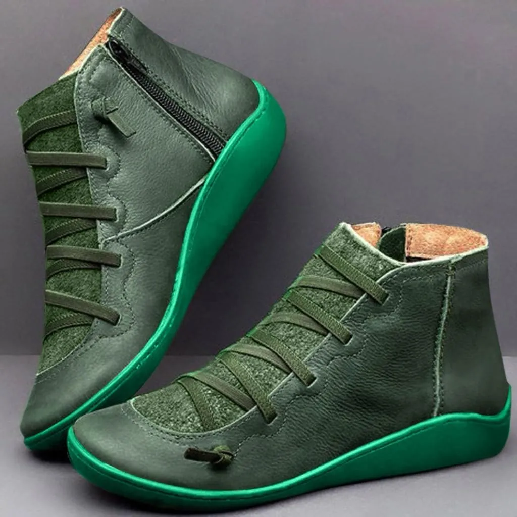 Cathalem Ankle Boots for Women,2024 New Flat Heel Booties Arch Support Booties Side Zip-up Vintage Leather Damping Shoes