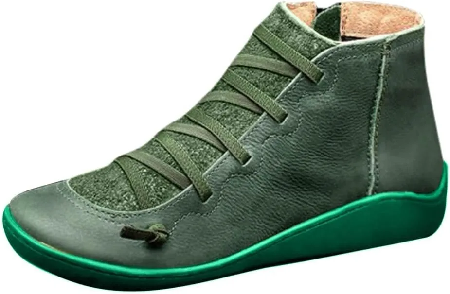 Cathalem Ankle Boots for Women,2024 New Flat Heel Booties Arch Support Booties Side Zip-up Vintage Leather Damping Shoes