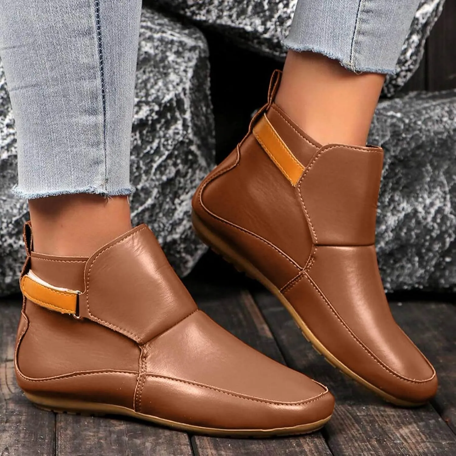 Cathalem Booties for Women, 2024 New Arch Support Booties Side Zip-up Vintage Leather Damping Shoes Flat Heel Booties