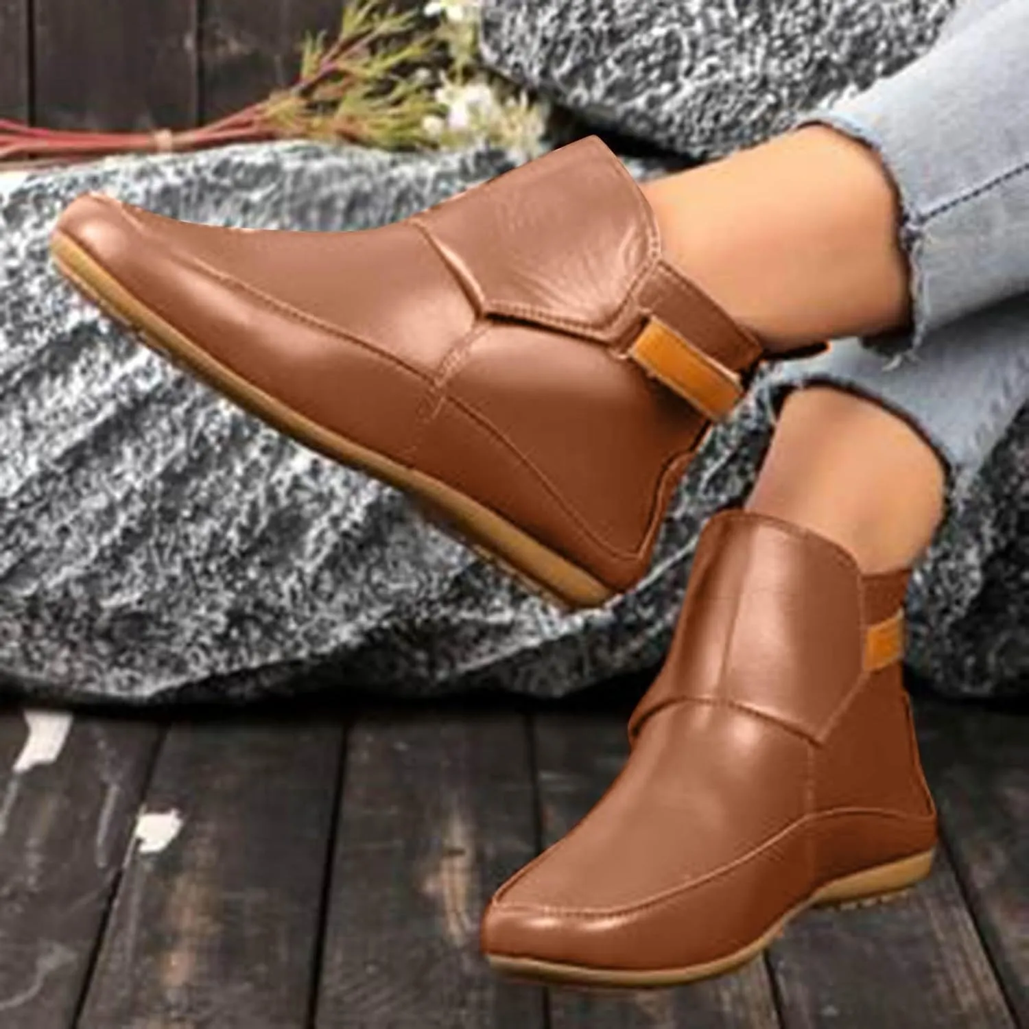 Cathalem Booties for Women, 2024 New Arch Support Booties Side Zip-up Vintage Leather Damping Shoes Flat Heel Booties