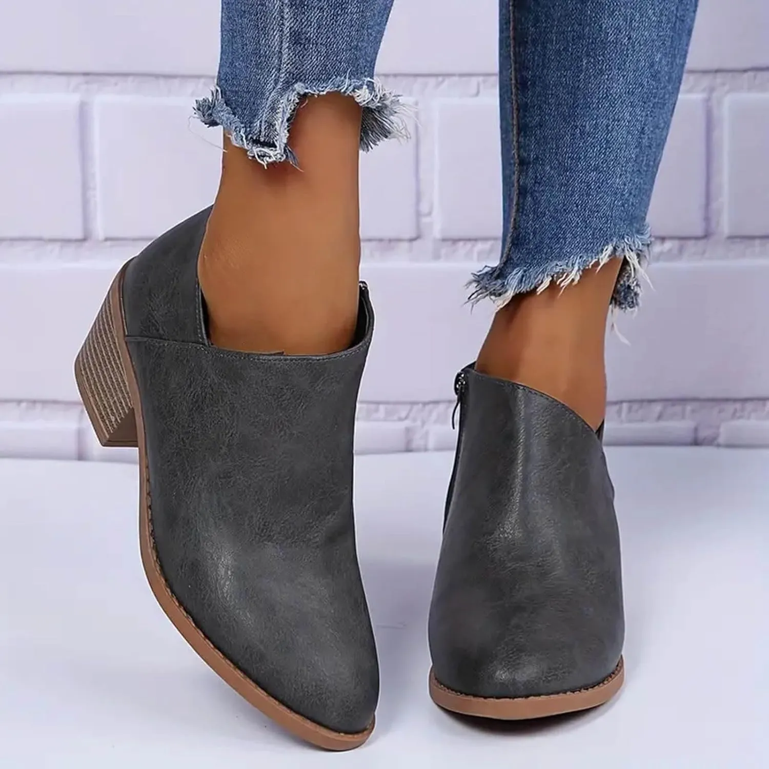 Cathalem Booties for Women 2024 Womens Boots Low Heel Pointed Toe Ankle Booties Side Zipper Shoes Chunky Heels Short Booties