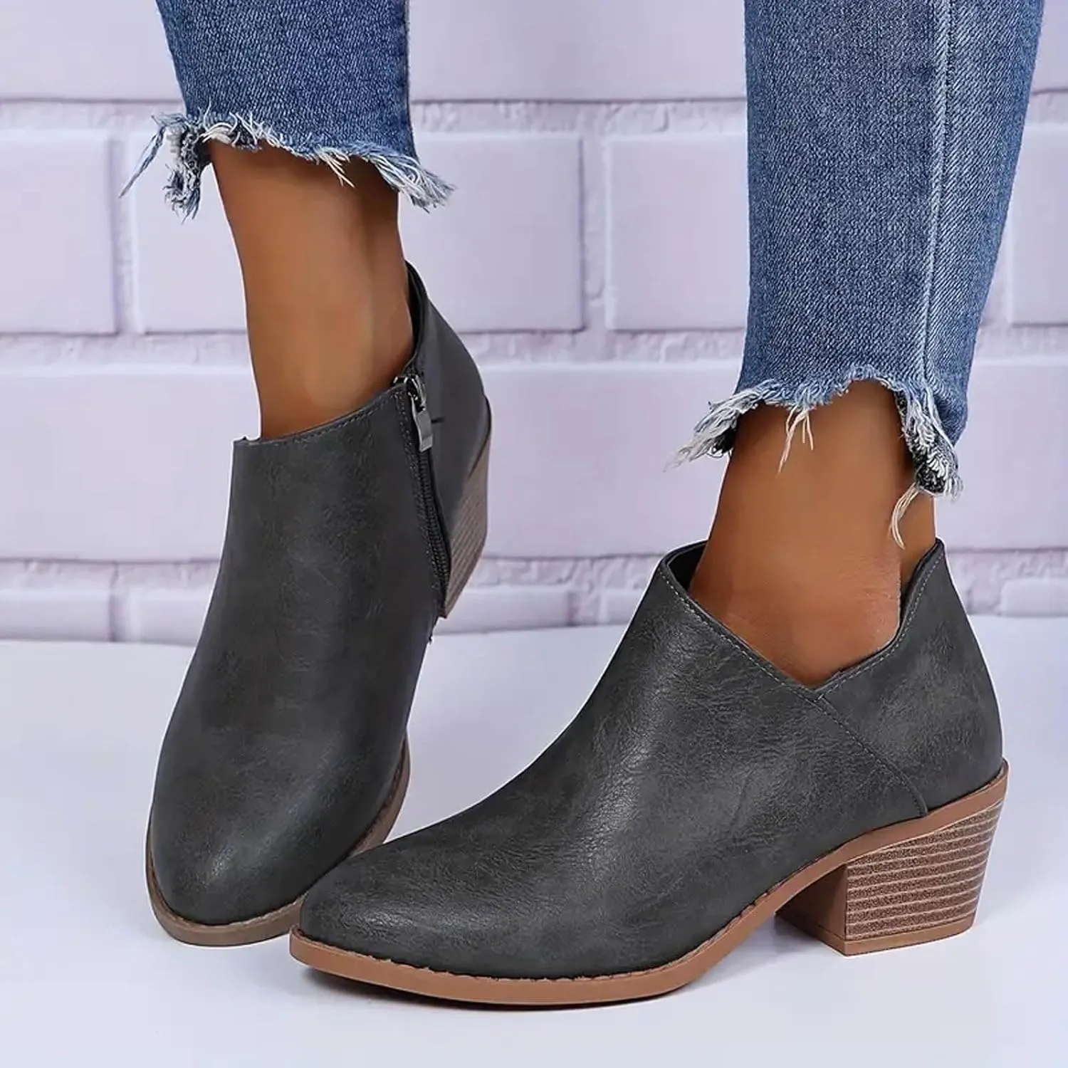 Cathalem Booties for Women 2024 Womens Boots Low Heel Pointed Toe Ankle Booties Side Zipper Shoes Chunky Heels Short Booties