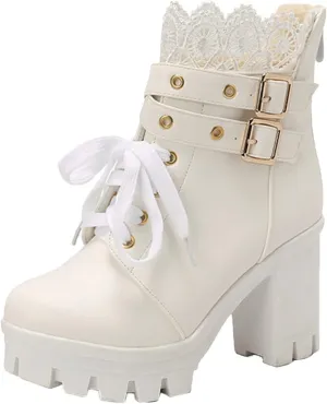 Cathalem Goth Boots for Women Fashion Lace Up Chunky Thick Heeled Booties Round Toe Fall Short Booties Shoes Platform Boots