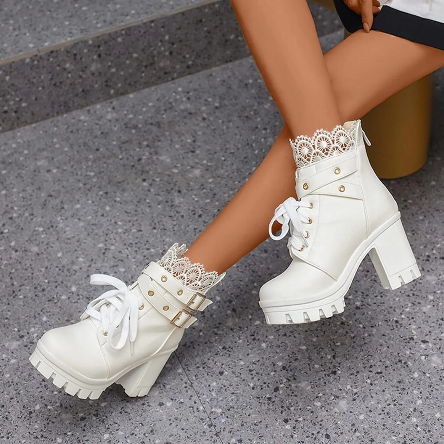Cathalem Goth Boots for Women Fashion Lace Up Chunky Thick Heeled Booties Round Toe Fall Short Booties Shoes Platform Boots