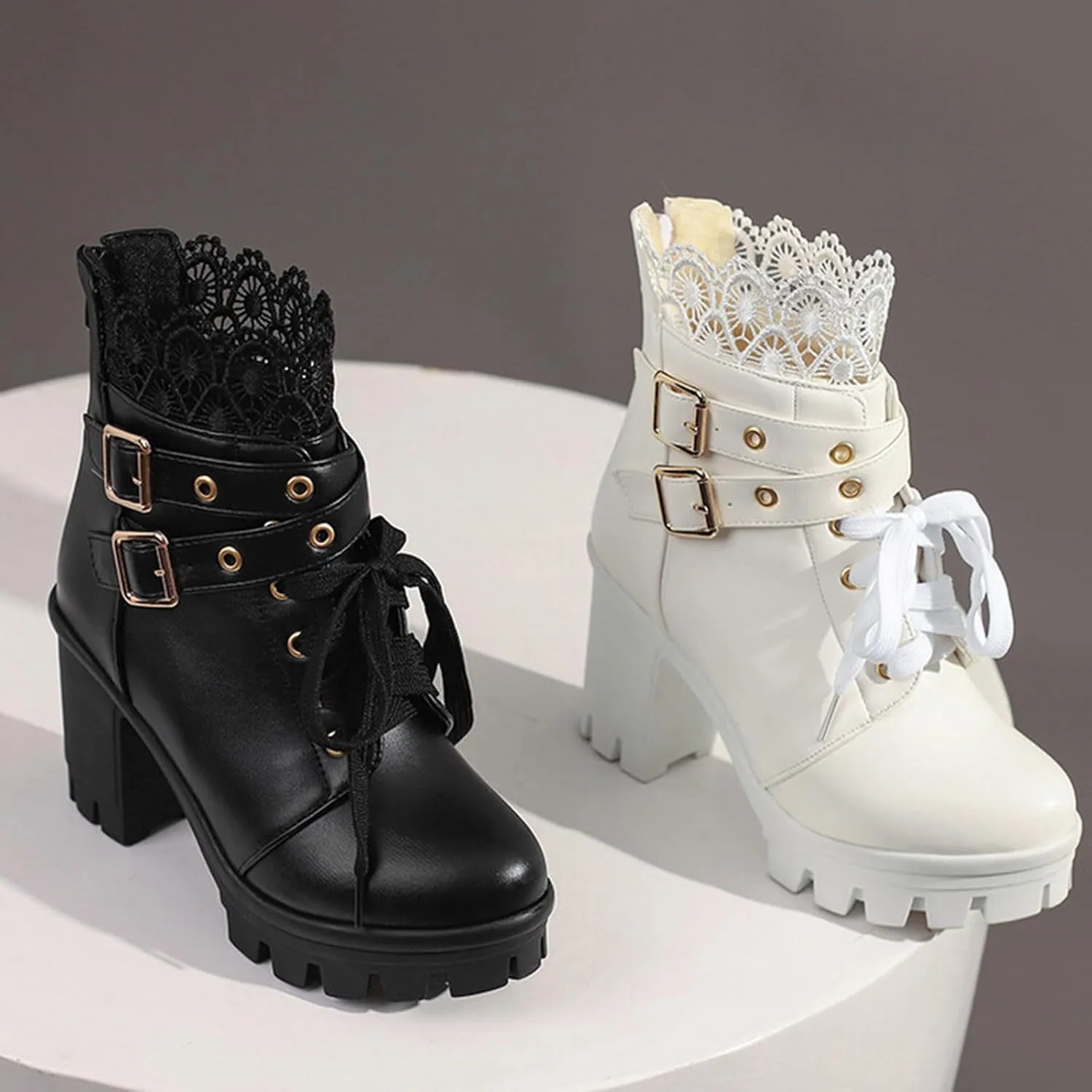 Cathalem Goth Boots for Women Fashion Lace Up Chunky Thick Heeled Booties Round Toe Fall Short Booties Shoes Platform Boots