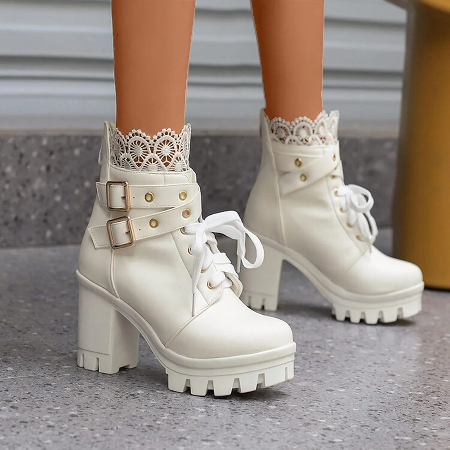 Cathalem Goth Boots for Women Fashion Lace Up Chunky Thick Heeled Booties Round Toe Fall Short Booties Shoes Platform Boots
