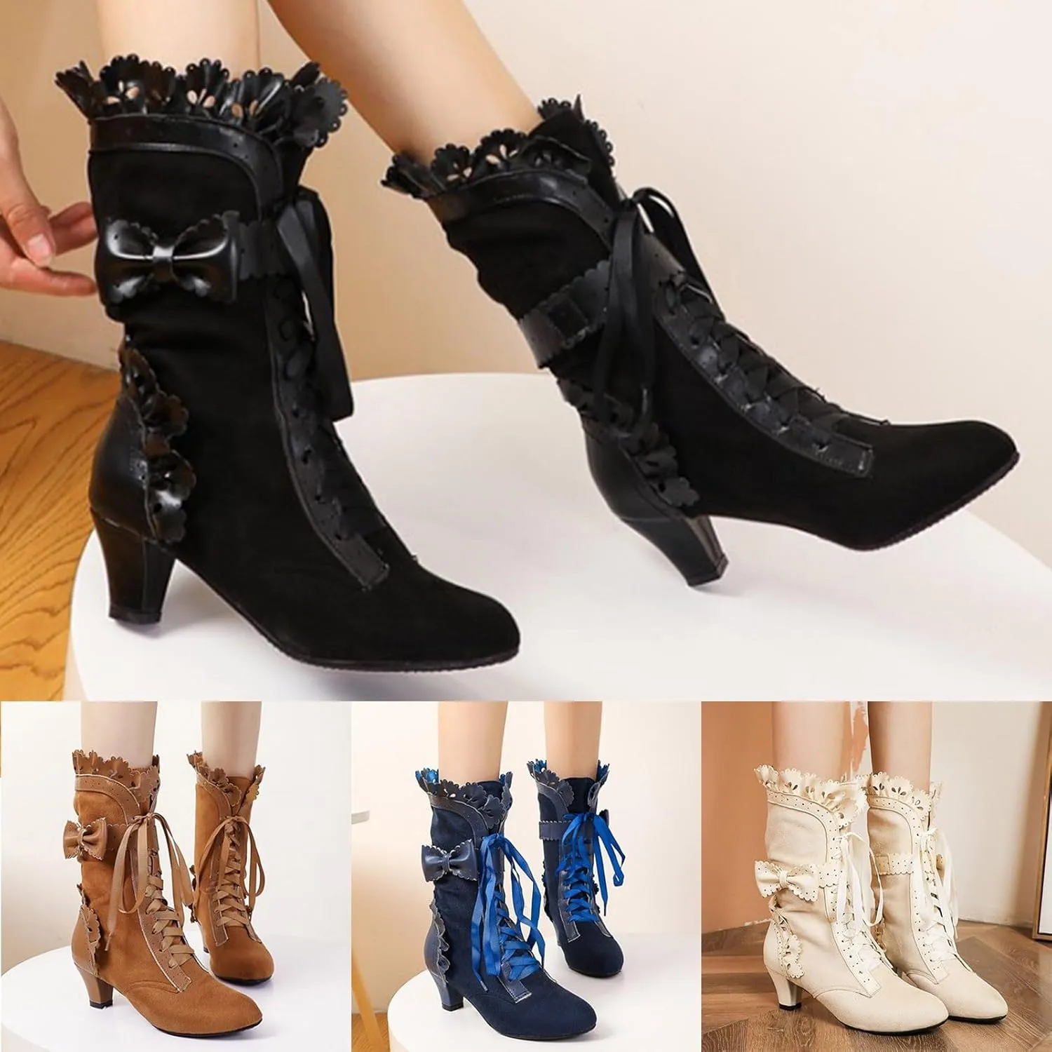 Cathalem Victorian Boots for Women Casual Goth Boots Lace Up Renaissance Boots Mid Heels Vintage Boots Halloween Cosplay Witch Shoes