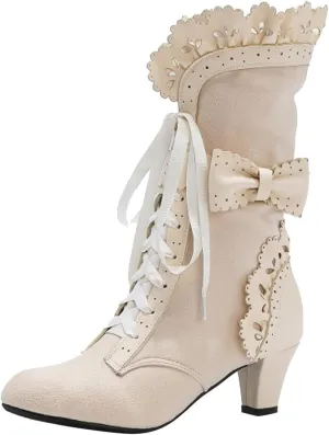 Cathalem Victorian Boots for Women Casual Goth Boots Lace Up Renaissance Boots Mid Heels Vintage Boots Halloween Cosplay Witch Shoes