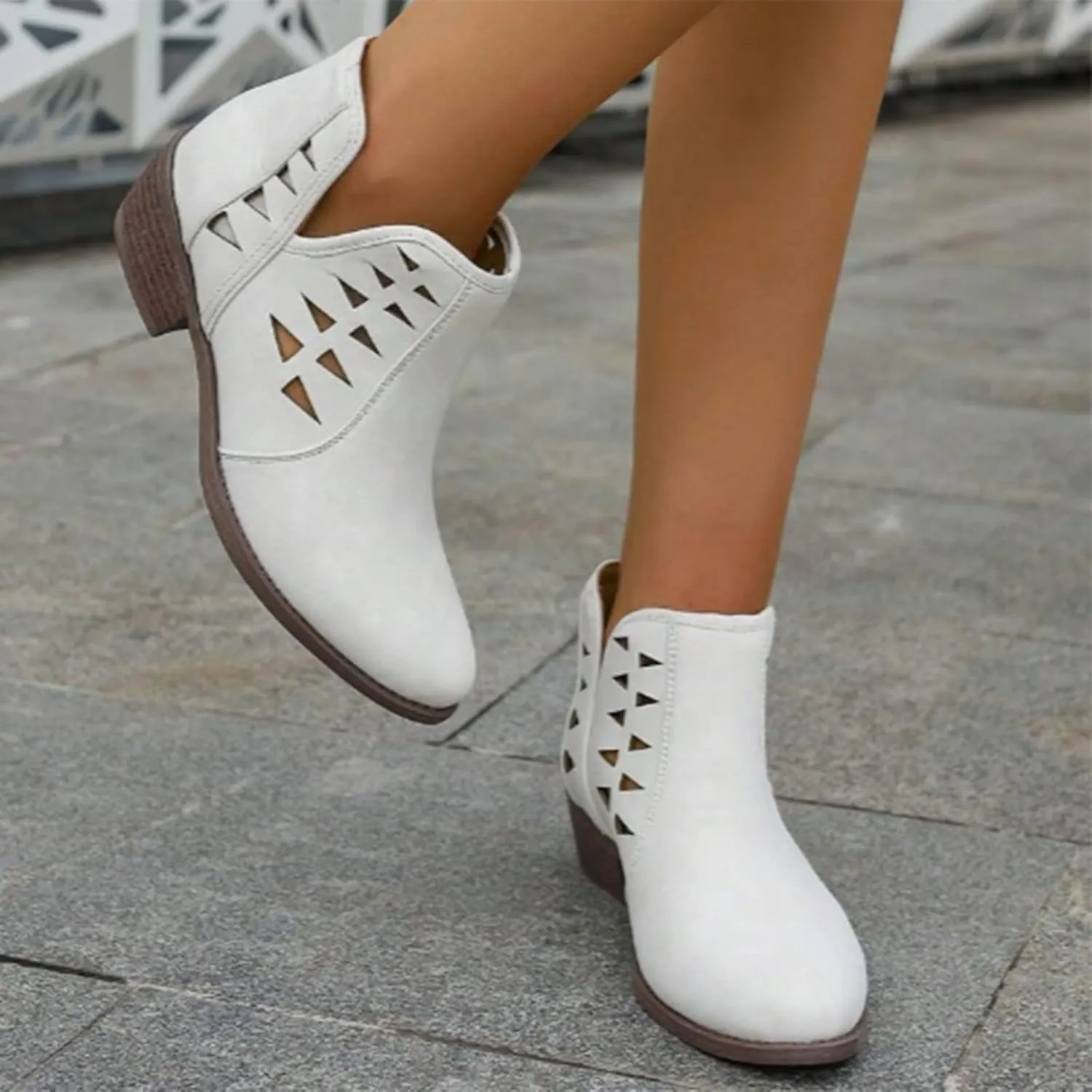 Cathalem Womens Ankle Booties, Womens Perforated Cut Out Stacked Block Heel Ankle Booties Womens Boots Fall 2024