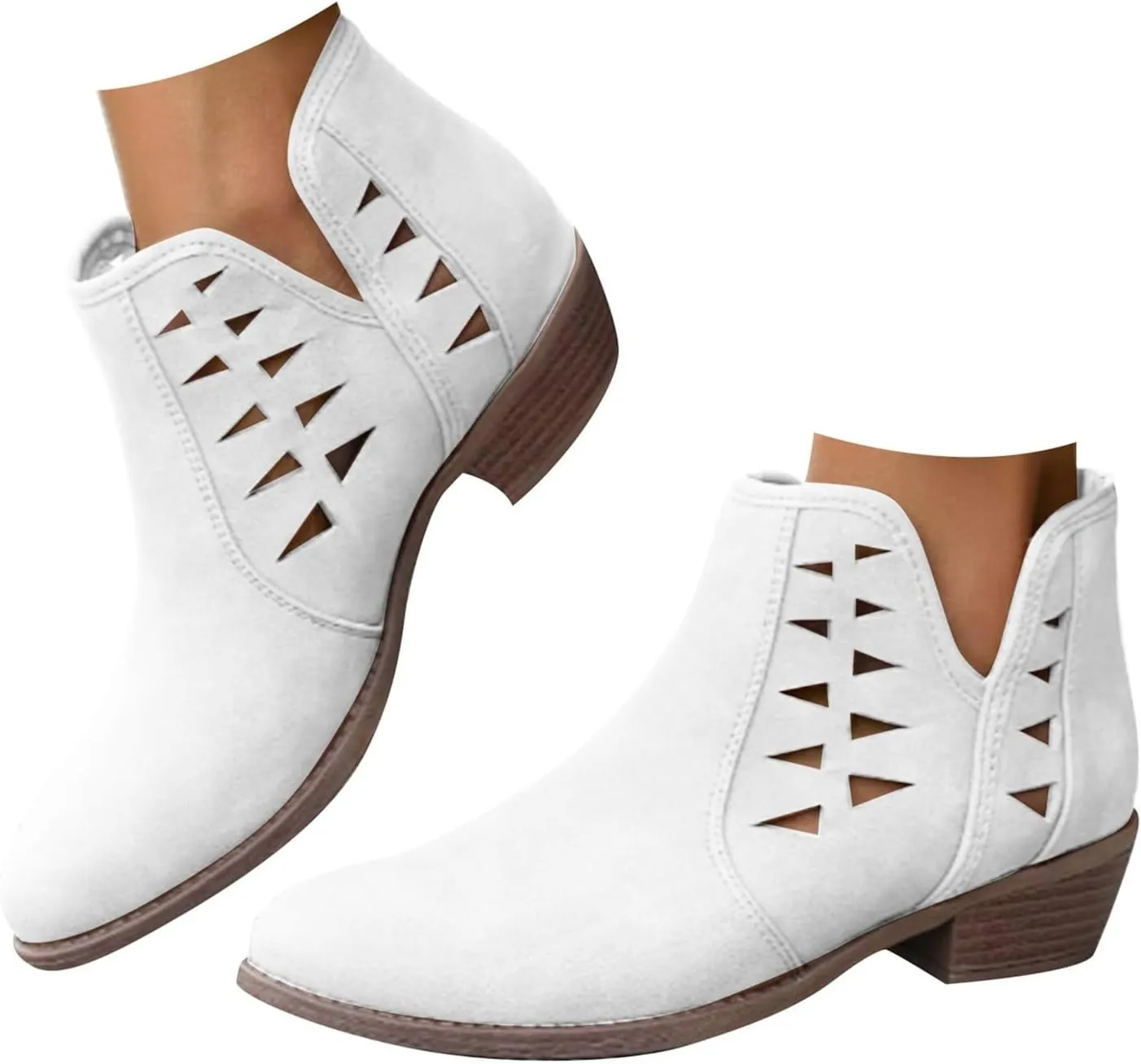 Cathalem Womens Ankle Booties, Womens Perforated Cut Out Stacked Block Heel Ankle Booties Womens Boots Fall 2024