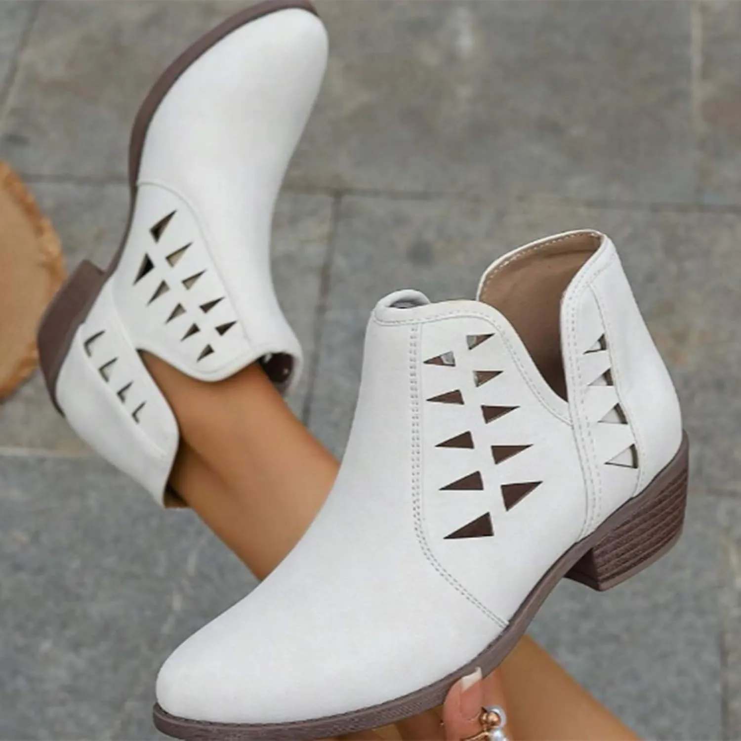 Cathalem Womens Ankle Booties, Womens Perforated Cut Out Stacked Block Heel Ankle Booties Womens Boots Fall 2024