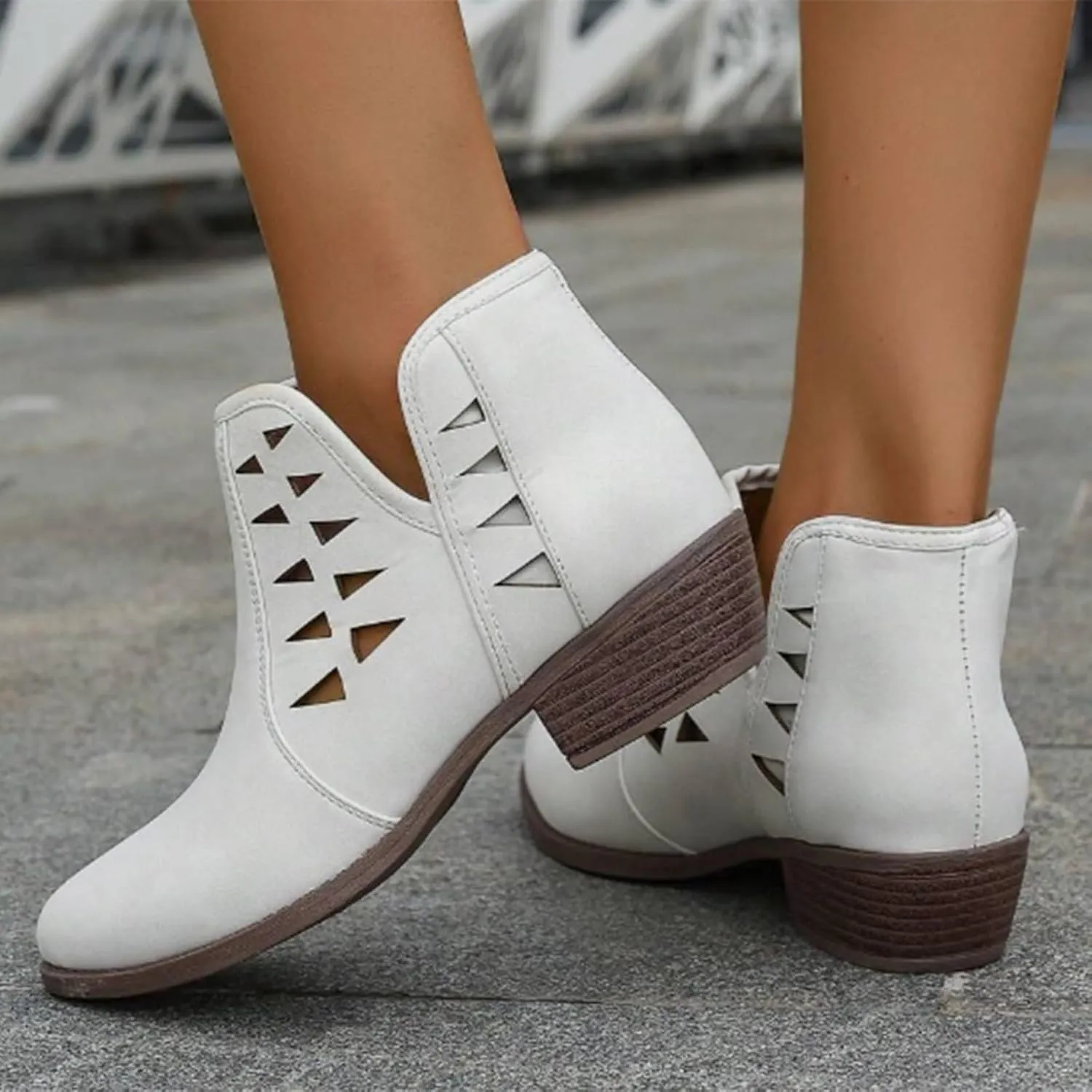Cathalem Womens Ankle Booties, Womens Perforated Cut Out Stacked Block Heel Ankle Booties Womens Boots Fall 2024