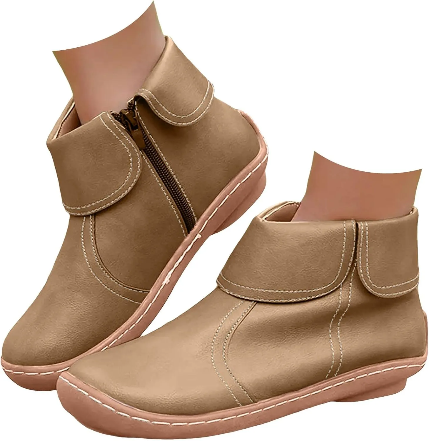 Cathalem Womens Ankle Boots, 2024 New Arch Support Booties Flat Heel Booties Side Zip-up Vintage Leather Damping Shoes