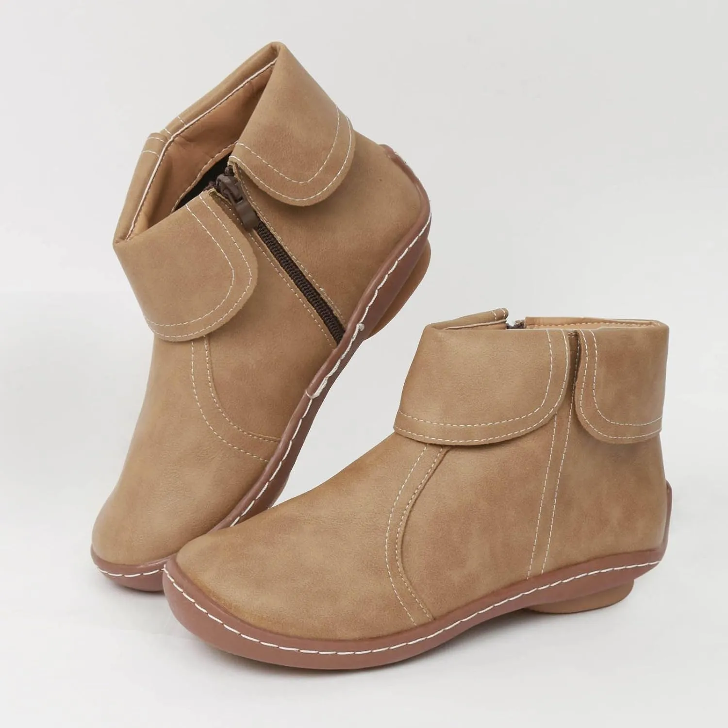 Cathalem Womens Ankle Boots, 2024 New Arch Support Booties Flat Heel Booties Side Zip-up Vintage Leather Damping Shoes