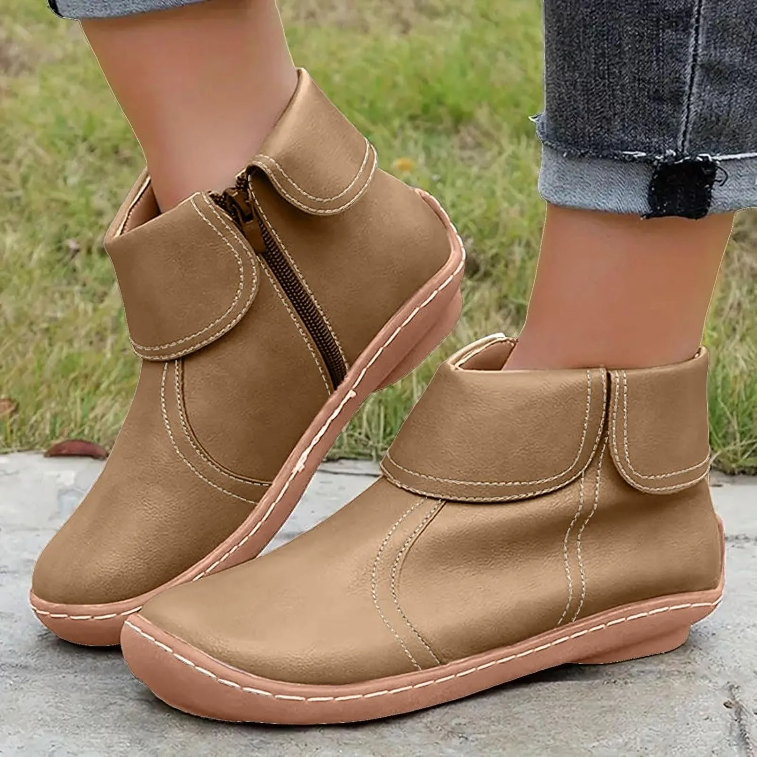 Cathalem Womens Ankle Boots, 2024 New Arch Support Booties Flat Heel Booties Side Zip-up Vintage Leather Damping Shoes