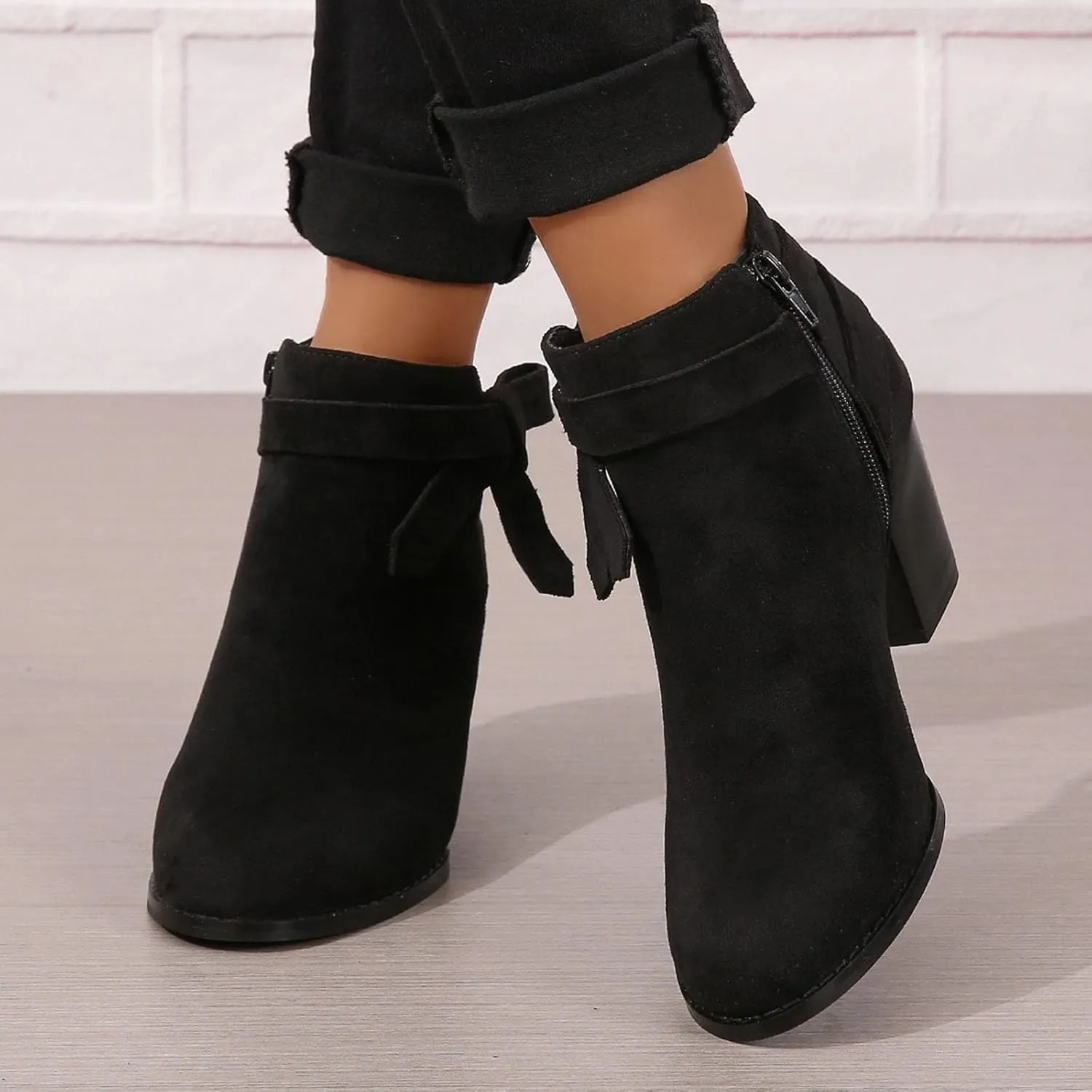 Cathalem Womens Ankle Boots, Ankle Booties for Women,Women's Tie Knot Chelsea Pump Boots Closed Toe Stacked Heel Shoes