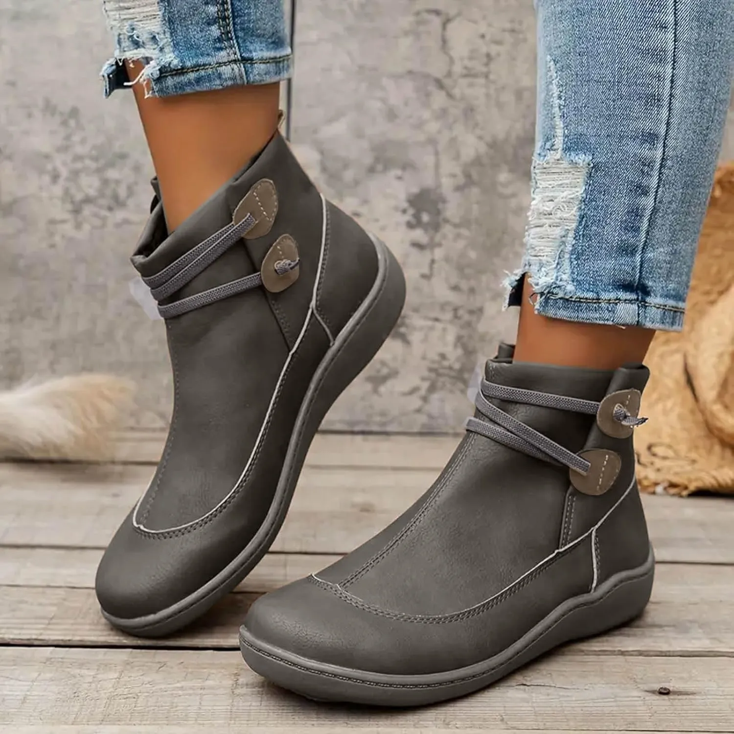 Cathalem Women's Ankle Boots No Heel Fall Cutout Booties Ankle Heels Low Stacked Ruffle Slip On Dress Short Boots Shoes