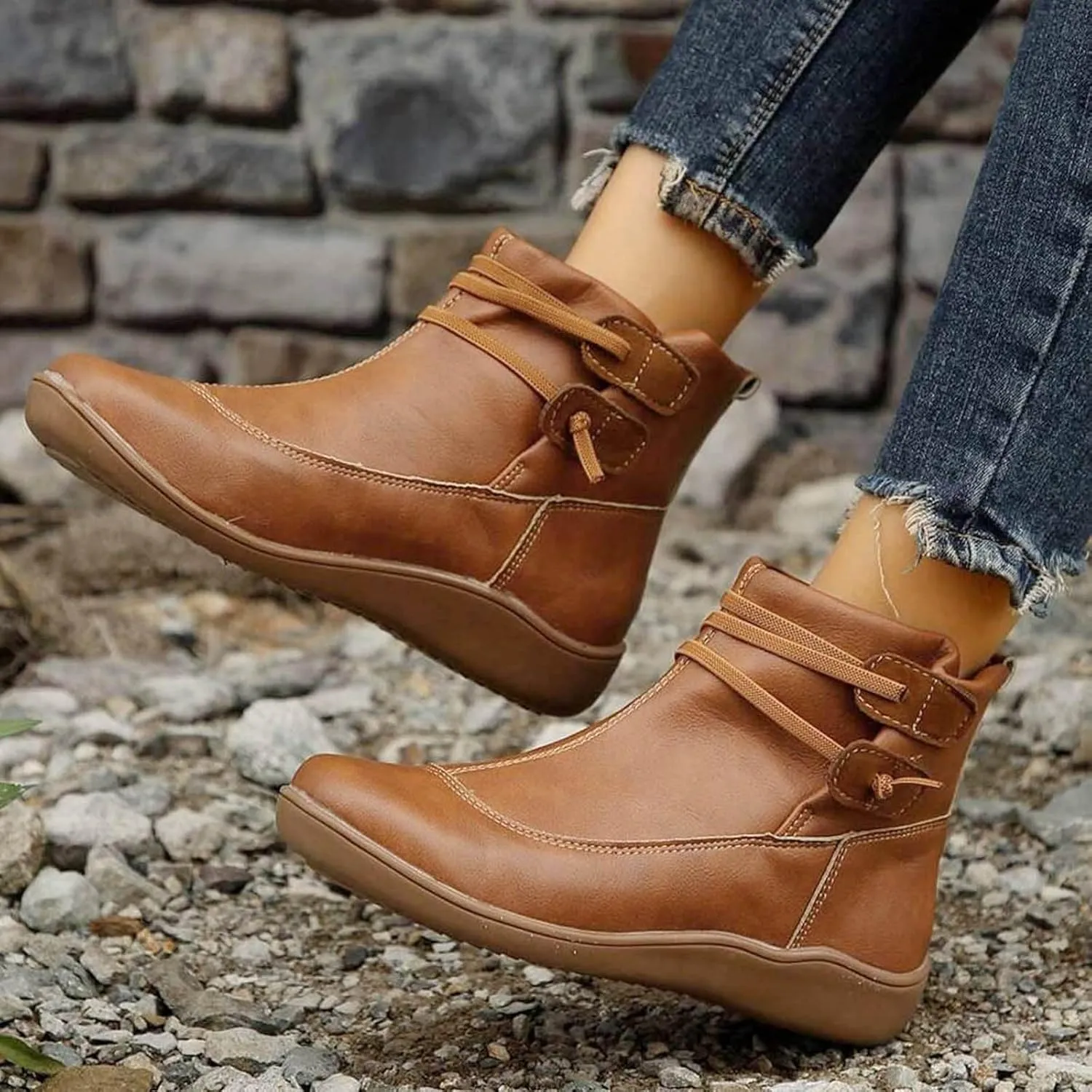 Cathalem Women's Ankle Boots No Heel Fall Cutout Booties Ankle Heels Low Stacked Ruffle Slip On Dress Short Boots Shoes