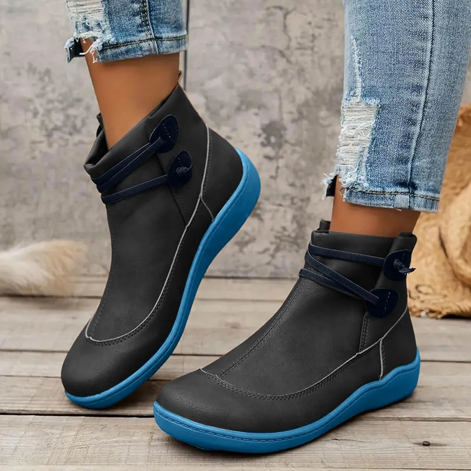 Cathalem Women's Ankle Boots No Heel Fall Cutout Booties Ankle Heels Low Stacked Ruffle Slip On Dress Short Boots Shoes